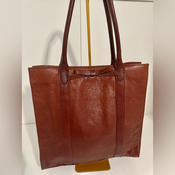 Margot Brown Genuine Leather Tote Shoulder Bag W Bow Travel Stamp Pattern Inside - Picture 2 of 10